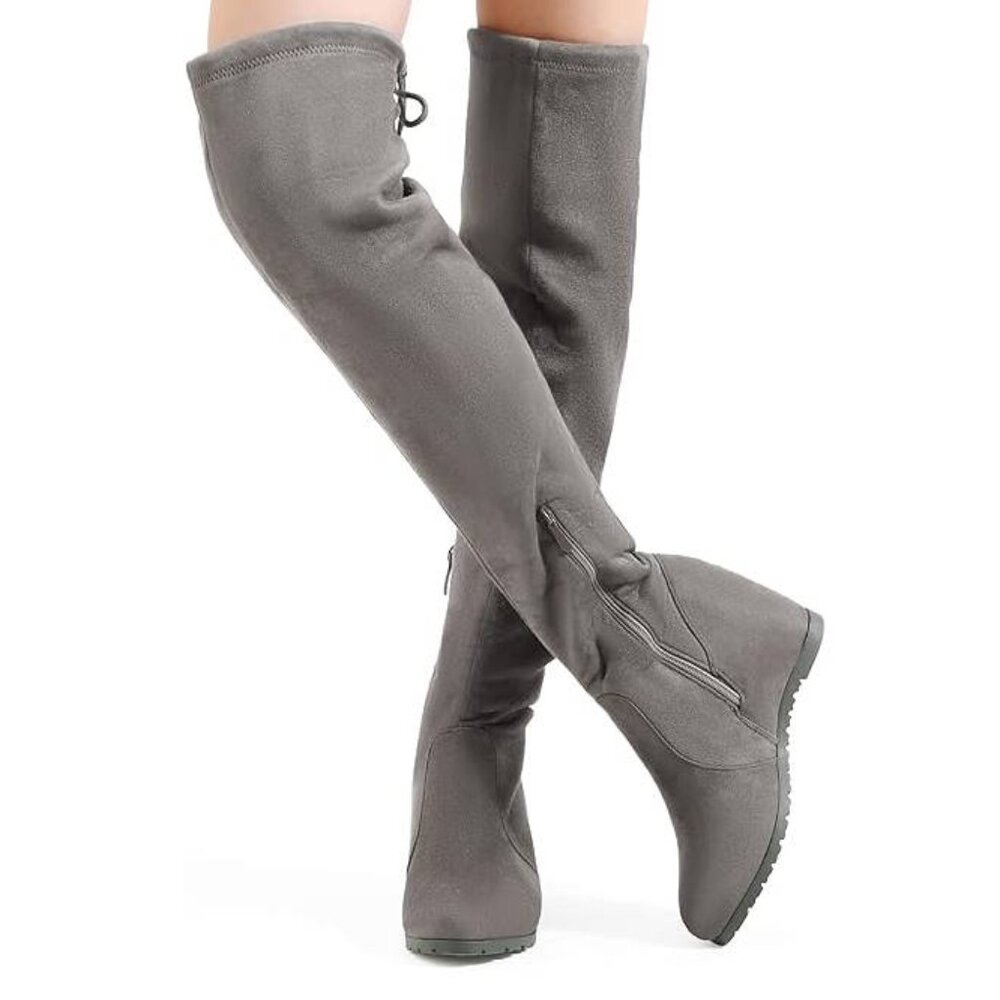 Dream Pairs - Grey Faux Suede Over the Knee Wedge Heel Boots - 7.5